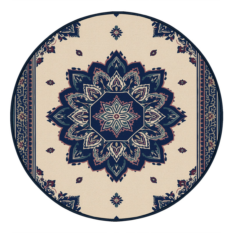 Machine Washable Roslindale Classic Oriental Rug in Gray – Navy Binding, 3' Round
