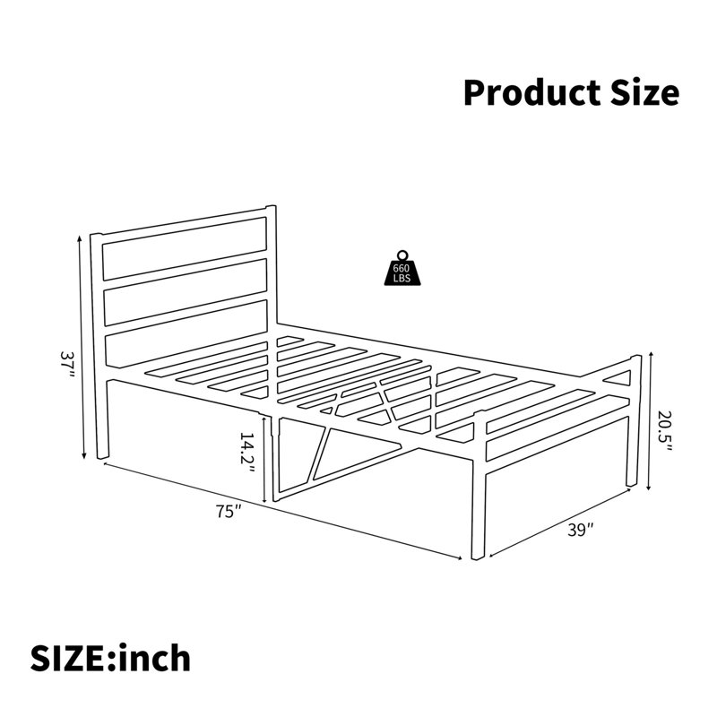 Structure de lit plateforme en métal avec tête de lit, lit simple, aucun sommier requis, tête de lit Silent Nighttime