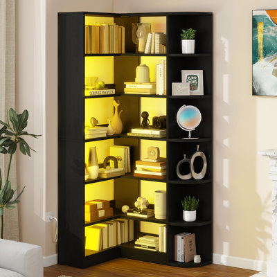 Naaliyah 6 Tier Corner Bookshelf, Bookcase With LED Light, L-Shaped Storage Bookcase For Home Office, Living Room