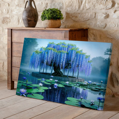 Canvas A Serene Enchanting Garden Scene At Dawn Featuring A Majestic Wall Art Tree Adorned With Cascading Blue Wisteria Flowers Their Canvas Wall Art