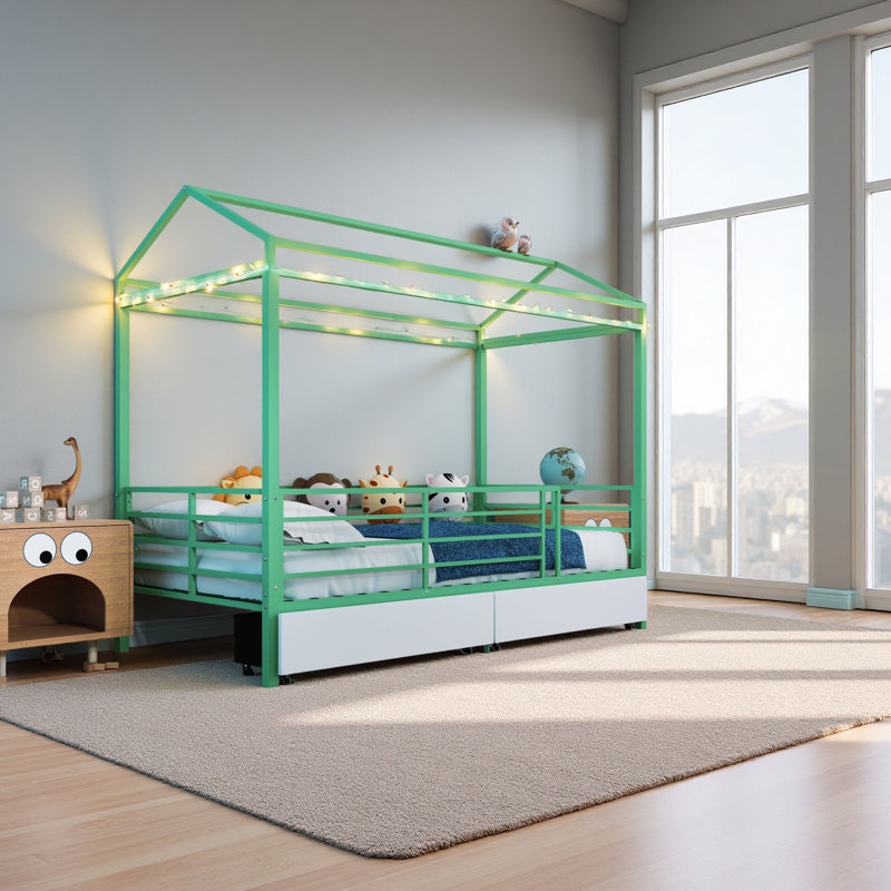 Cadre de lit avec toit, aucun sommier requis, Vert