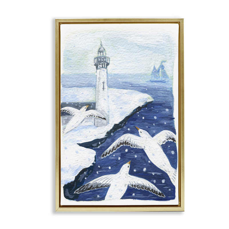 Cadre flottant Snowy Winter Harbor Birds, design par Hannah Moren, H 25 po x l 17 po, Cadre flottant métallique doré