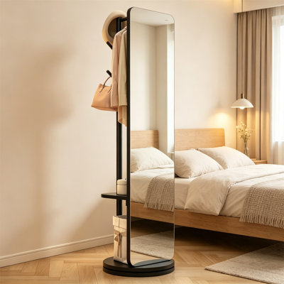 Miroir pleine grandeur avec portemanteau - Miroir de plancher en bois massif, miroir rotatif adapté aux chambres à coucher, aux salons et aux vestiaires