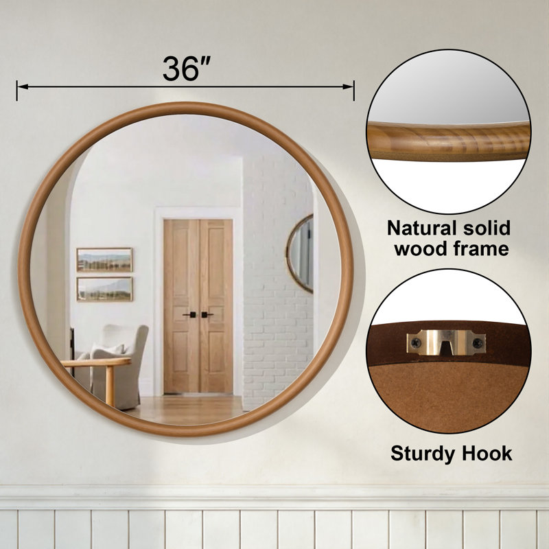 Leyburn Natural Modern Round Solid Wood Frame Wall Mounted Mirror For Bathroom&Bedroom, Natural, 36" x 36"