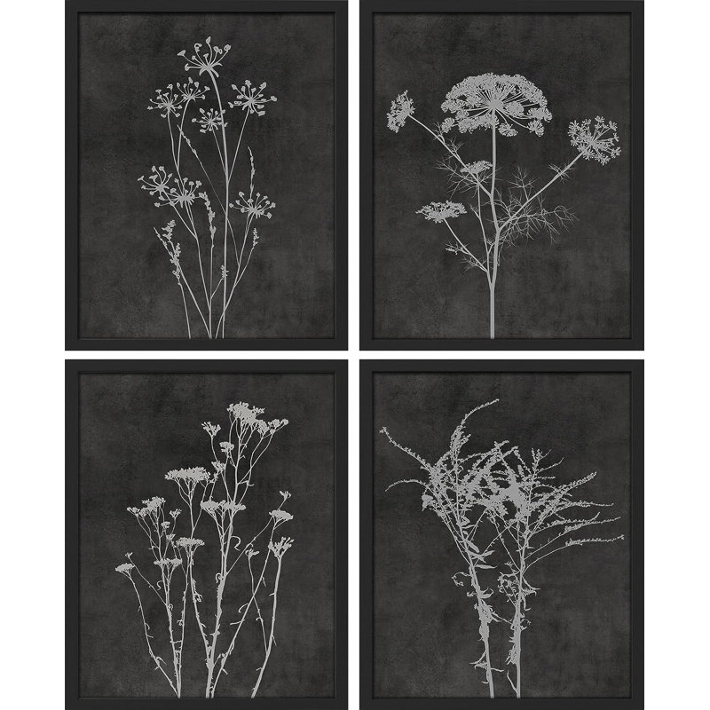 Wildflower Floral Botanical, reproduction encadrée de 4 pièces, Cadre noir, H 14 po x l 11 po x P 1 po