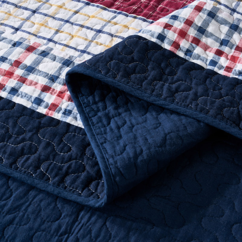Navy Blue Striped Washed Cotton Quilt Set, Queen Quilt + 2 Shams