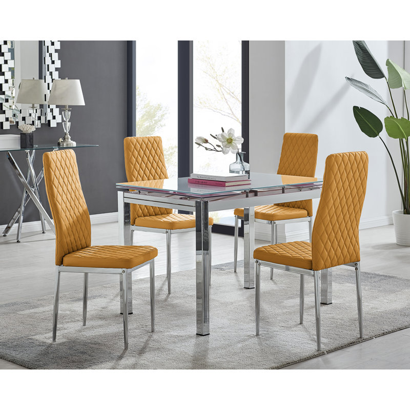 Tierra Modern Glass & Metal Extendable Dining Table Set & 4 Luxury Faux Leather Dining Chairs, Mustard/Silver