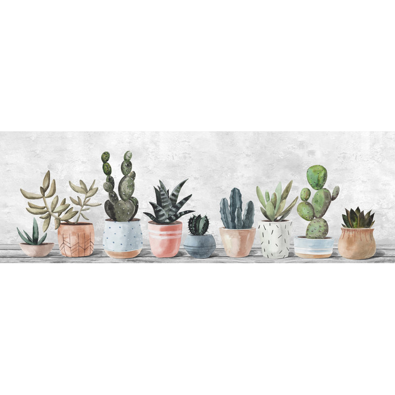 Pots alignés sur toile tendue, H 15 po x l 45 po x P 1,5 po