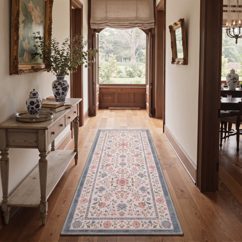 Tapis de couloir floral ivoire / rose lavable à la machine avec envers antidérapant, Tapis de couloir 84 po x 24 po