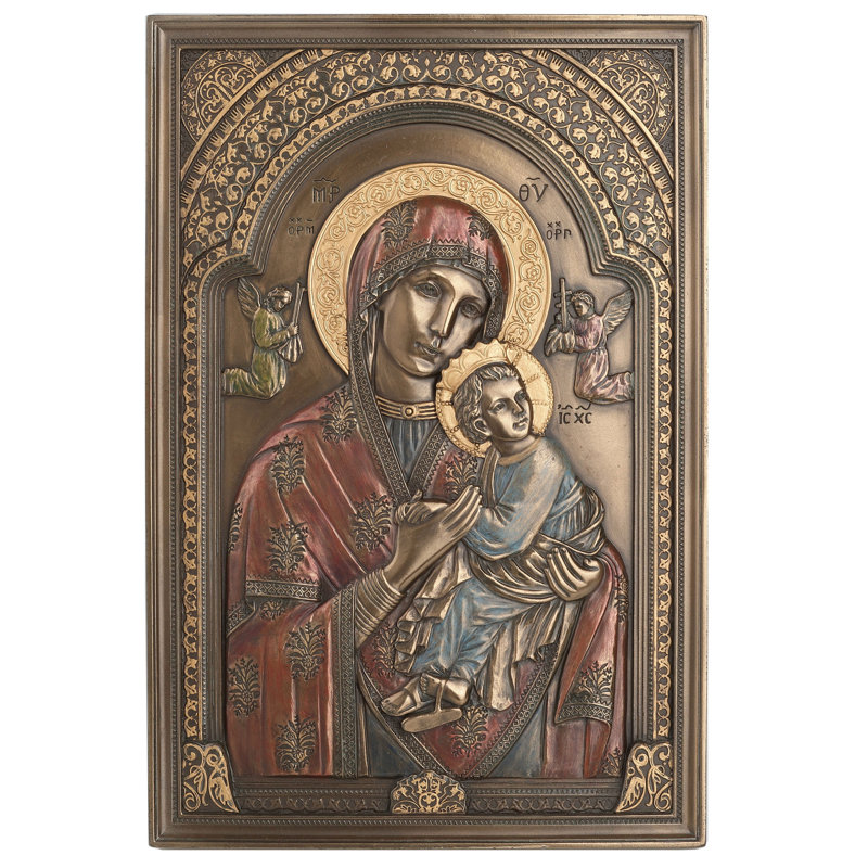 L 9,25 pouces Theotokos bronze - Plaque murale (couleur + MoZ) en bronze coulé à froid