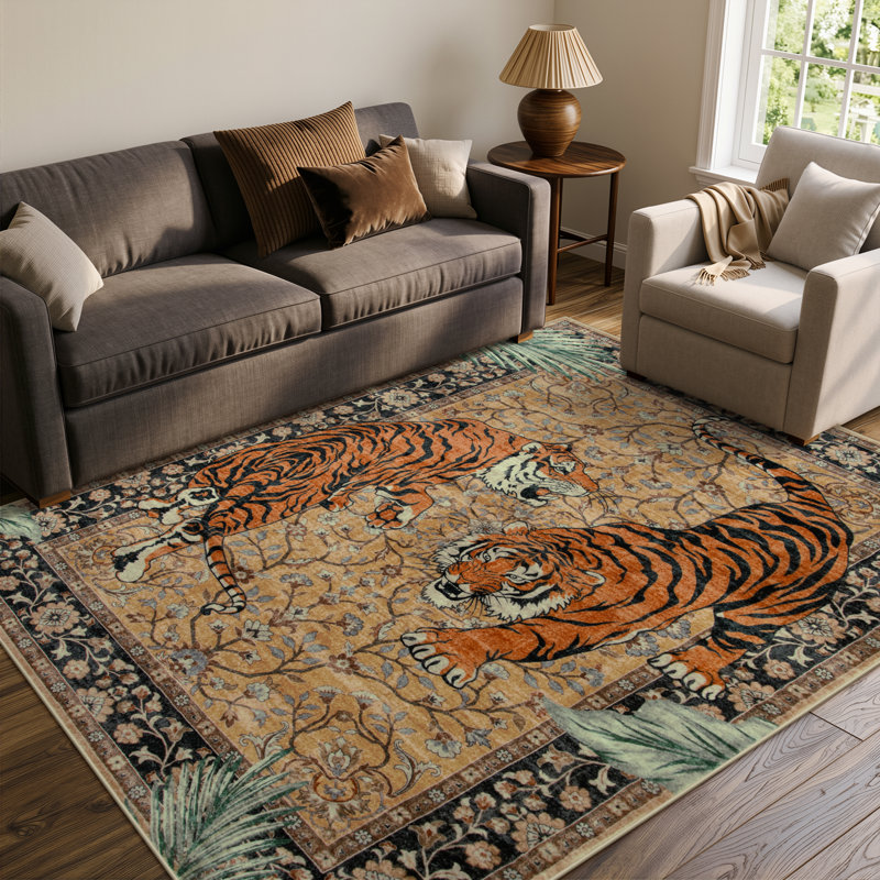 Tapis d'automne lavable Goldene Vintage Tiger Desert Brown - Tapis doux en cachemire pour salon, chambre ou bureau