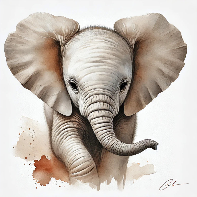 Art mural majestueux, éléphanteau, H 12 po x l 12 po