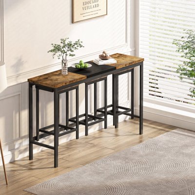 Table de salle à manger Design, table de pub, ensemble de table de salle à manger longue avec 3 tabourets, tabouret suspendu pratique, naturel et noir