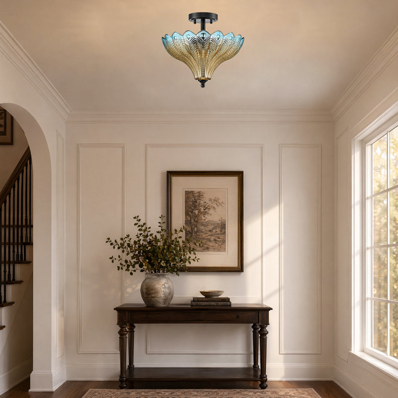 3-Light Black Ceiling Light with Blue & Amber Feather Glass Shade