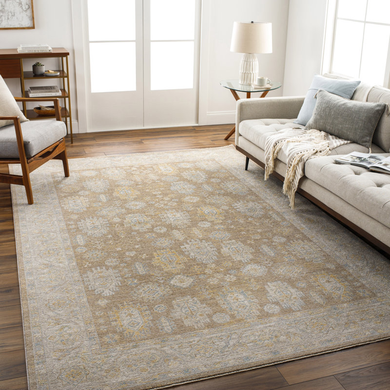 Tapis oriental en polyester tissé à la machine Don / Brun / Gris / Jaune, Rond 5 pi 3 po