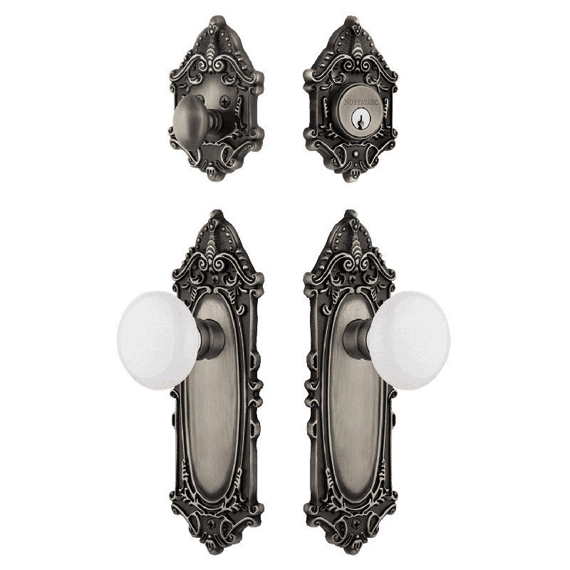 Nostalgic Warehouse Victorian Entry Set with Porcelain Knob, Antique Pewter/White, 2.75