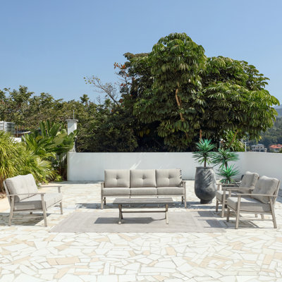 Seehill 5-Piece Premium Aluminum Outdoor Set, 3-Seat Sofa, Loveseat, 2 Armchairs & Resin Coffee Table, UV-Resistant, Weatherproof With Thick Cushions For Garden, Poolside, Silver Grey