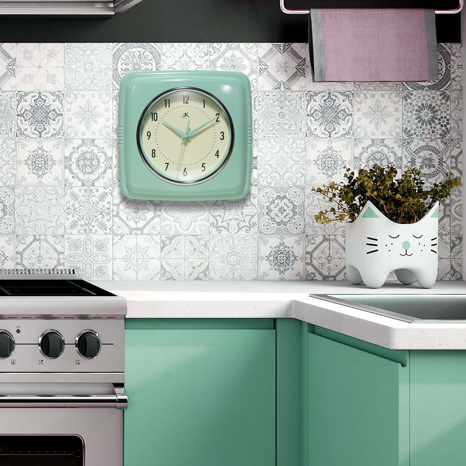 Orrwell Square Plastic Wall Clock 9.25 Inches, Pastel Green