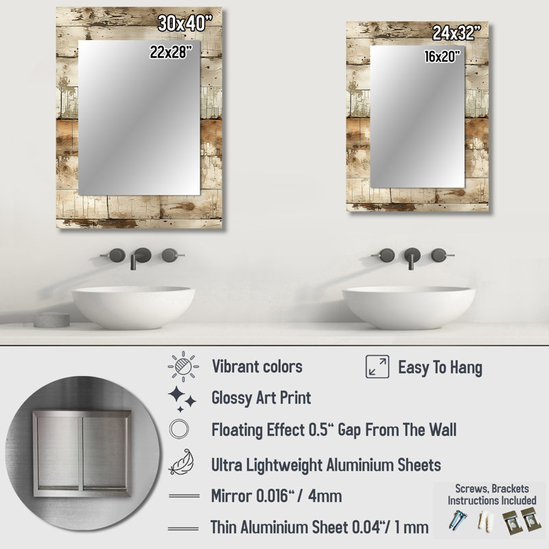 Rustic Farmhouse Weathered Planks - grand miroir mural rétro, miroir unique rétro, impression d'art en métal, 40 po x 30 po