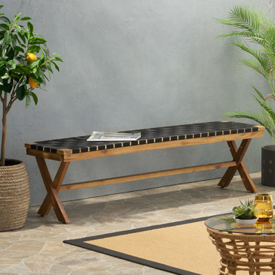 Acacia Wood & Rope Weave Outdoor Bench – X-Cross Frame Design, Weather-Resistant, Handcrafted Details – 61" W Rustic Modern Patio Seating (Assembly Required)