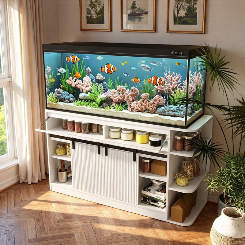 Support d'aquarium avec lumière DEL, prises de courant, portes cannelées coulissantes, 2 tiroirs, 2 grandes armoires et tablettes de rangement