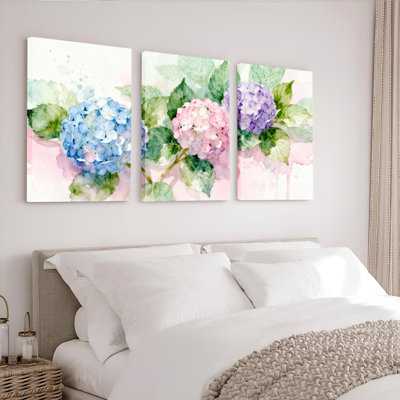 Aquarelle, hortensia, art mural sur toile, reproduction de peinture à l'huile (ensemble de 3)