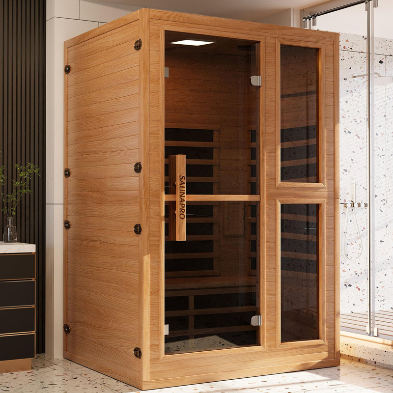 Sauna Pro 2-Person Indoor Low EMF FAR Infrared Sauna in Okoume with 8 Heater Panels, Tempered Glass Door and App Control, for Home SPA & Therapy