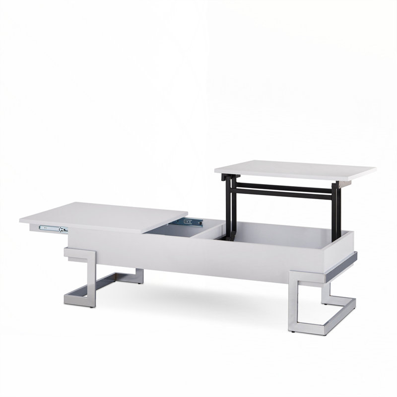 Table basse blanche à finition brillante et chrome avec plateau relevable, Blanc