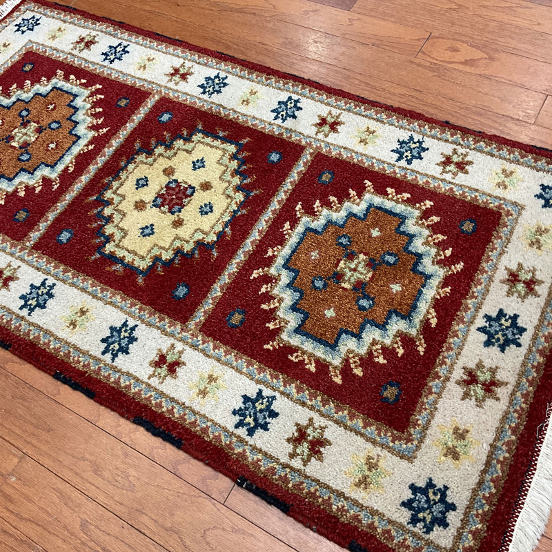 Tapis décoratif en laine de conception unique noué à la main Bourgogne/beige 2 pi 1 po x 4 pi 1 po