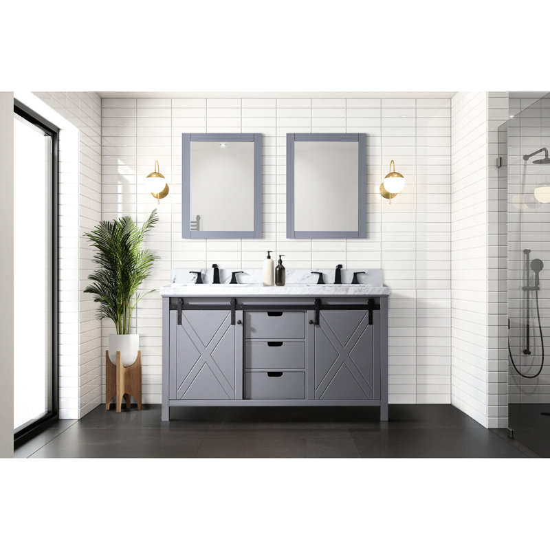 Meuble-lavabo double gris foncé 60 po X P 22 po avec marbre - fabrication en bois massif, tiroirs à fermeture en douceur, égratignure et teinture - comptoir, cadre de comptoir avec rangement de 60 po x 22 po, portes et égratignures