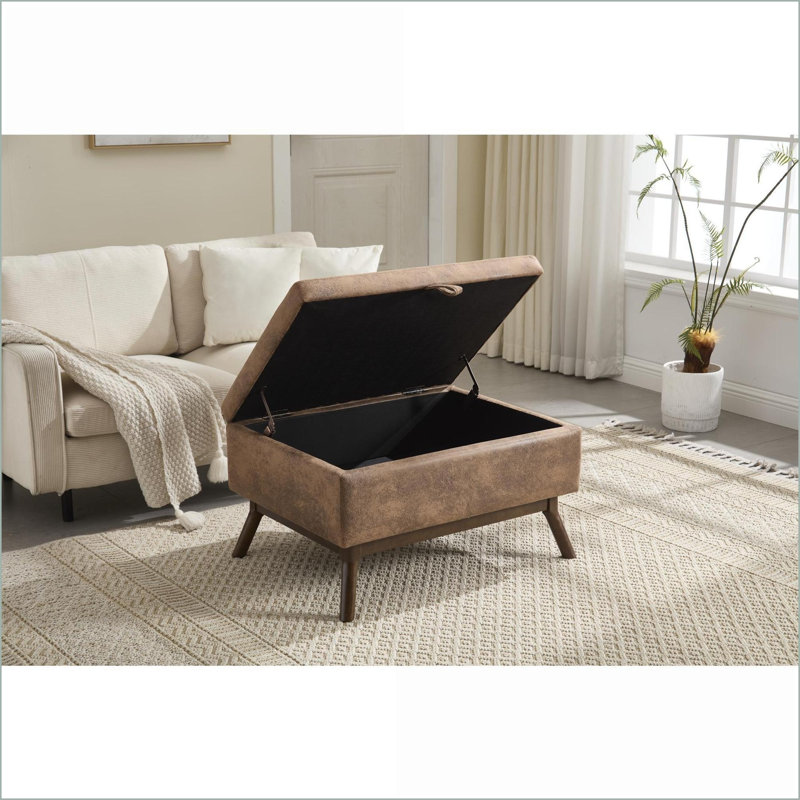 Repose-pieds avec rangement, en bois massif de style Mid-Century moderne, carré de 31,5 po pour le vestibule du salon | Noyer brun | Bois