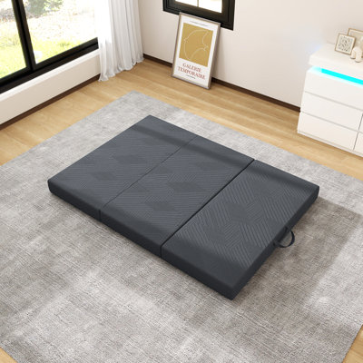 Cooling Ice Silk Tri-Fold Foam Mat, Memory Foam Support, Washable Cover & Handles, Portable Murphy Bed & Camping Mattress, Dark Gray