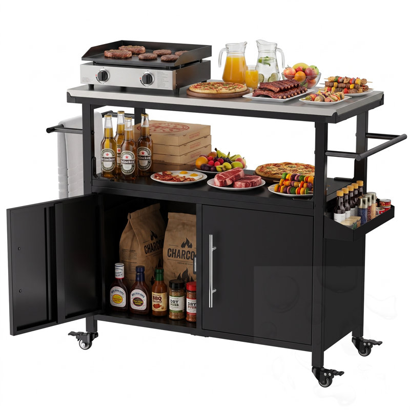 Chariot-bar roulant extérieur avec support et armoire