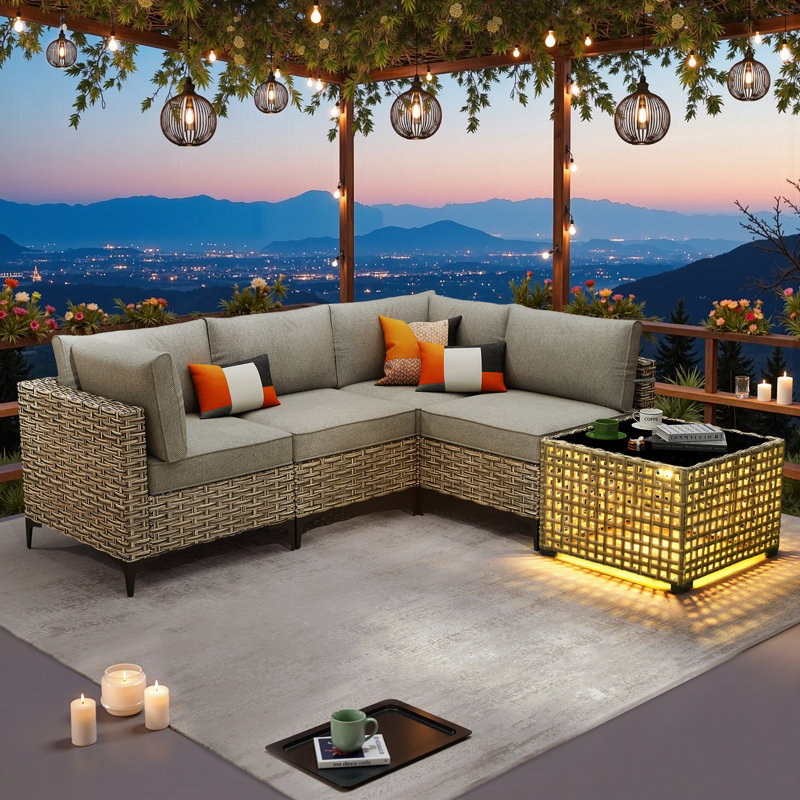 Ensemble de mobilier d'extérieur 5 pièces avec canapé modulaire en osier et table basse éclairée Sorella, ensemble de conversation pour patio, terrasse et cour arrière