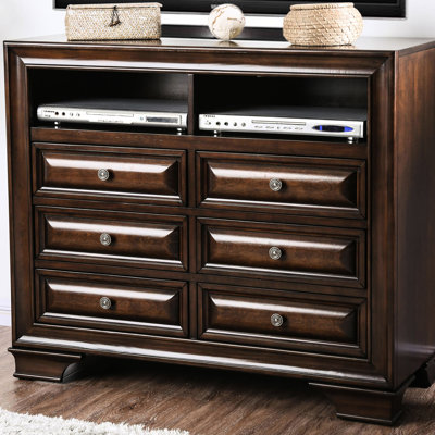 6 Brown Cherry Tv Chest With Open Compartment And Wood Inlay, Drawer For , Solid + Construction, 42.5 In Depth, 16.61 Width, 35.98 Height Media Storage Space Feature, Inlay Design, English Drawers,