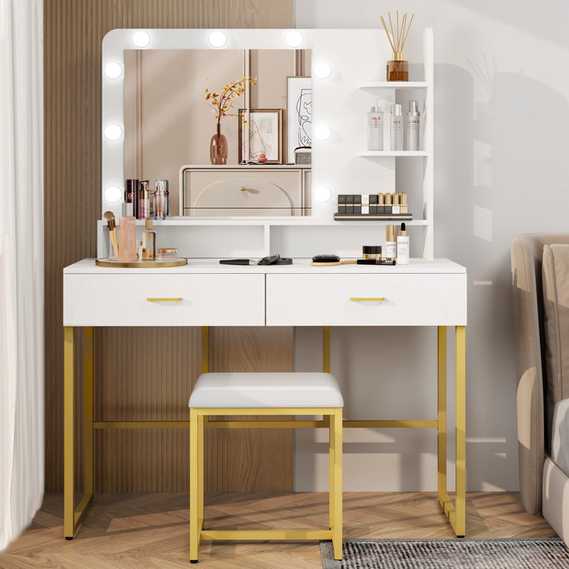 Bureau de coiffeuse avec miroir et lumières, ensemble de coiffeuse à maquillage avec 2 tiroirs et 3 tablettes ouvertes, coiffeuse avec tabouret, luminosité réglable, pour chambre à coucher, vestiaire