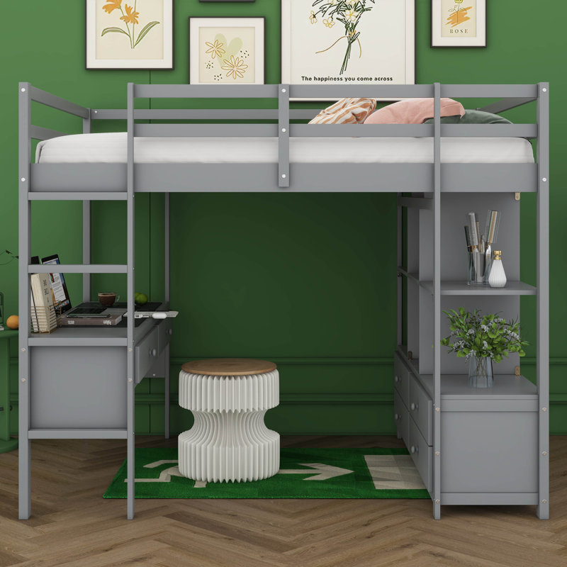 Lit mezzanine double avec bureau intégré, deux tiroirs et tablettes de rangement pour les adolescents, aucun sommier nécessaire