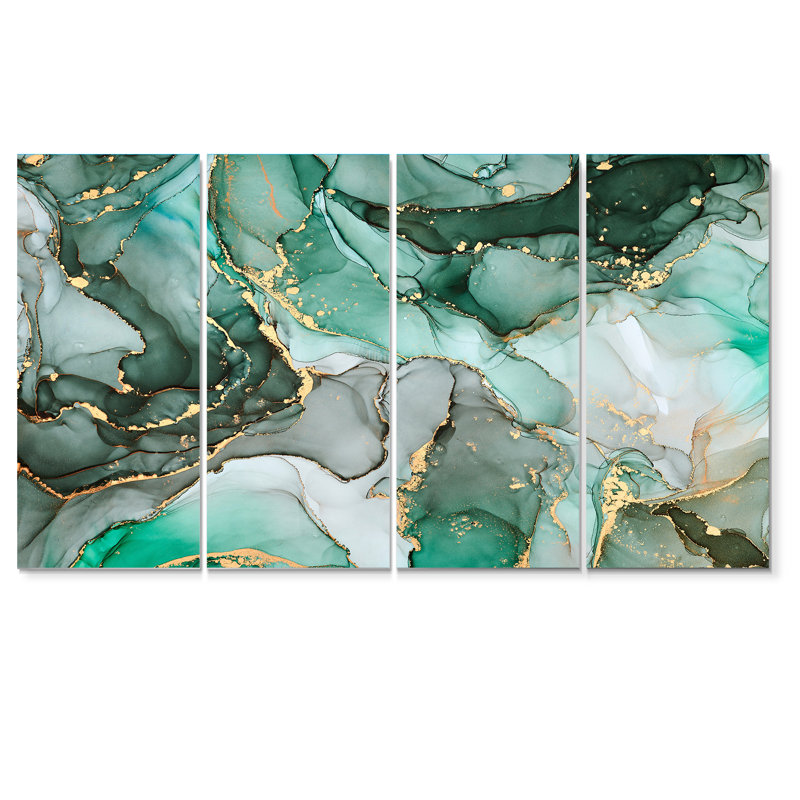 «Green Luxury Abstract Fluid Art III», ensemble de 4 impressions sur toile tendue