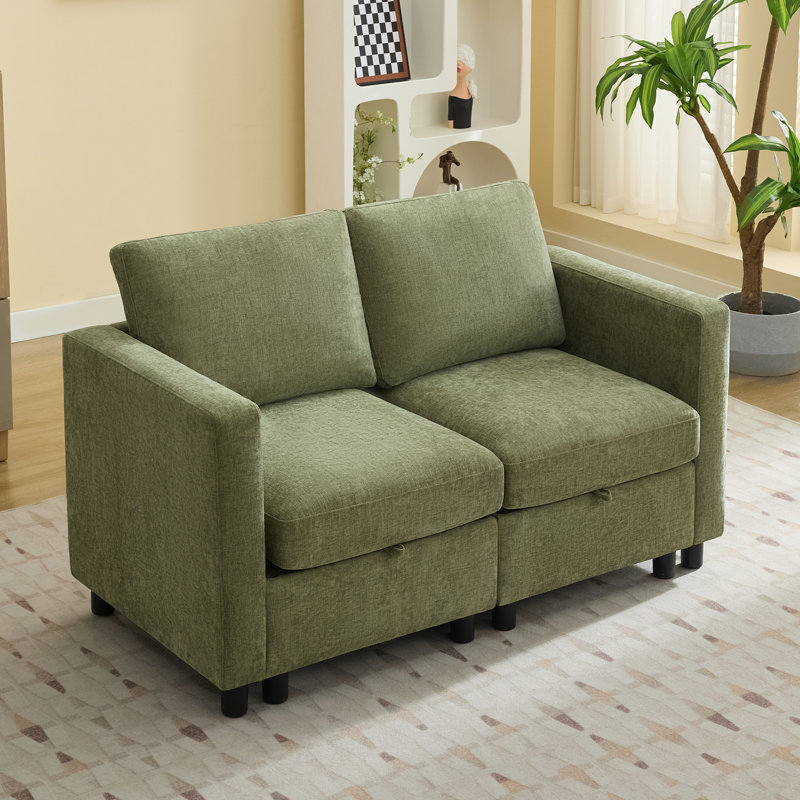 58.3” Upholstered Loveseat Modular Sofa With Under-Seat-Storage, Chenille, Green Chenille