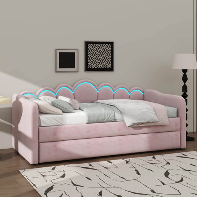 Twin XL Size Upholstered Daybed With Trundle And LED Light, Trundle Adjustable To Flat Or Upright Position