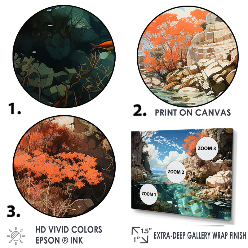 Coraux et paysage de patchwork de corail - impressions sur toile corail, Cadre flottant blanc, H 30 po x l 40 po x P 1,5 po