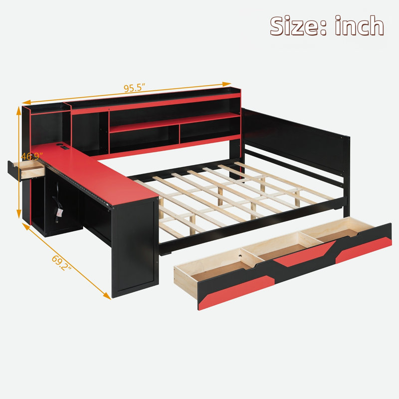 Modern Gaming Daybed With Integrated Desk, Light Strips, Built-in Charging Station, 3 Storage Drawers And Storage Shelves