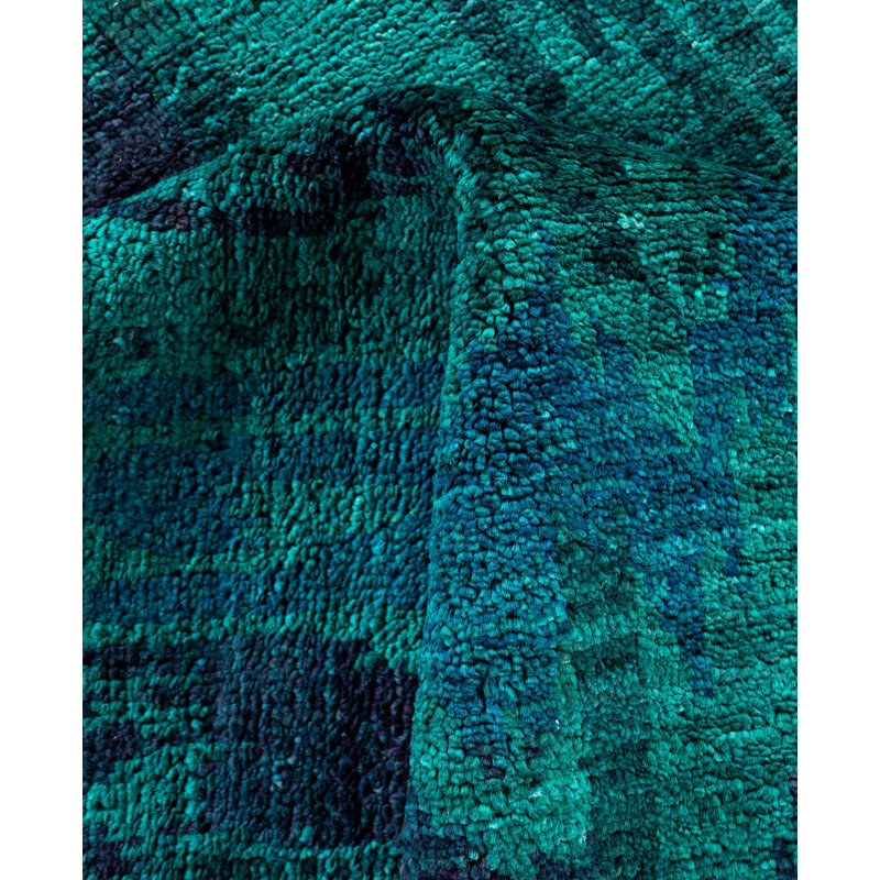 Tapis carré noué à la main de conception unique Rachal - vert, 11 pi 9 po x 12 pi 1 po