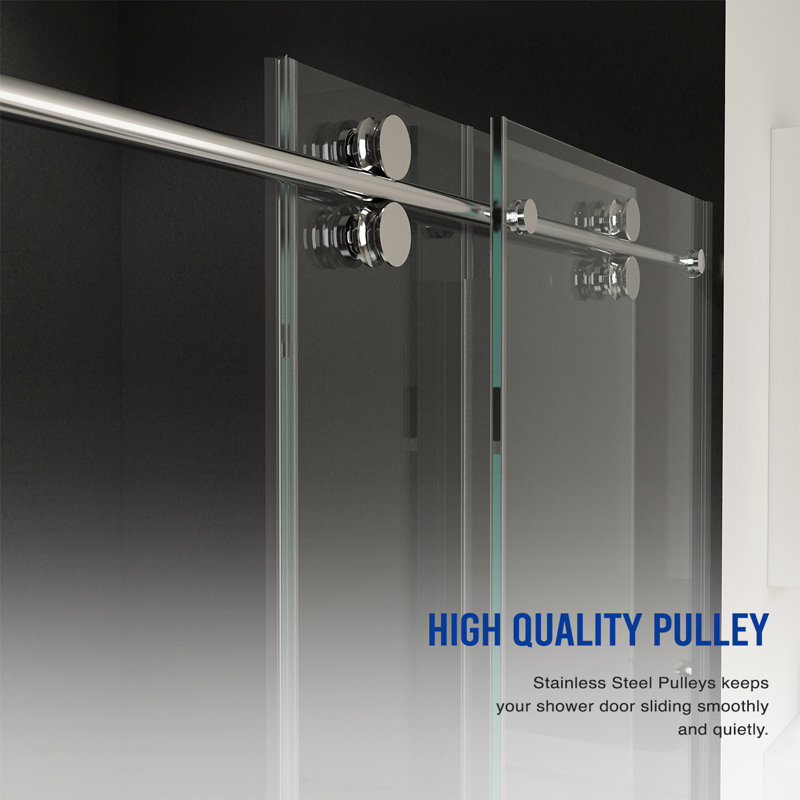 Porte de douche sans cadre, porte de douche coulissante de 56 à 60 po x H 70 po, avec cabine de douche en verre trempé épais de 5/16 po (8 mm) de première qualité, couche facile à nettoyer à double face, finition chromée avec tampon
