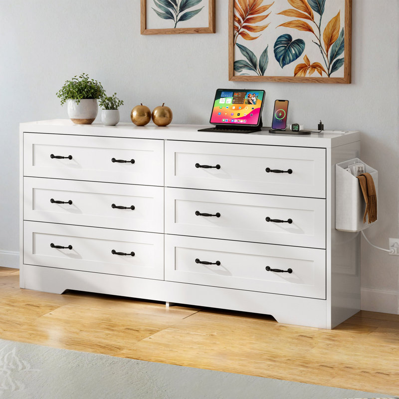 Multi-Functional 6 - Drawer Dresser with Power Outlets & Spacious Storage, White