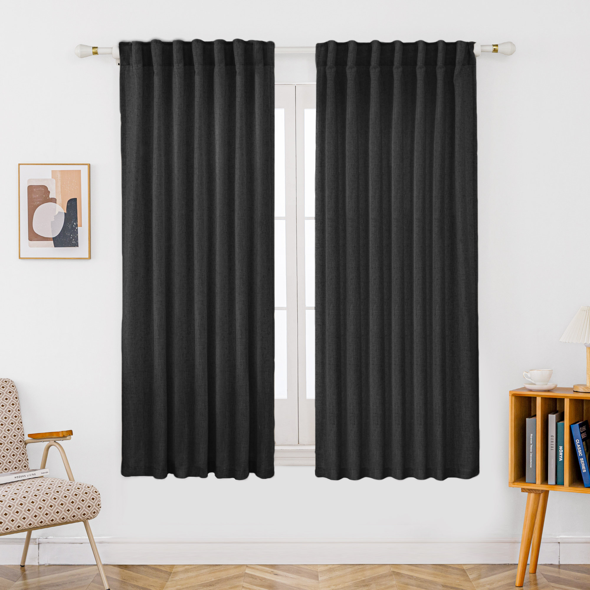 Toyoko Linen Blended Semi-Sheer Back Tab Curtain Pair, 52" W x 63" L, Black