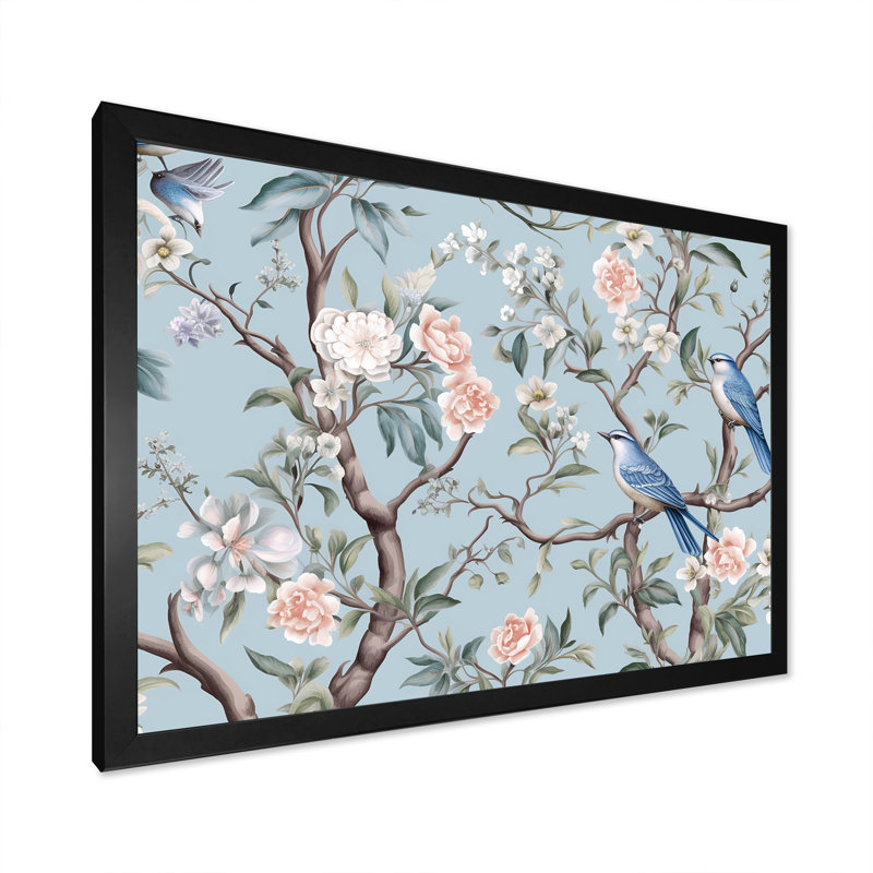 Chinoiserie, oiseaux et pivoines - art mural oiseau, H 34 po x l 44 po x P 1,5 po, Cadre simple noir