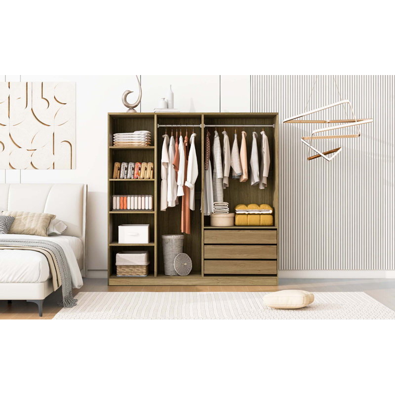Armoire de rangement en bois sans porte pour chambre à coucher avec tablettes et 3 tiroirs
