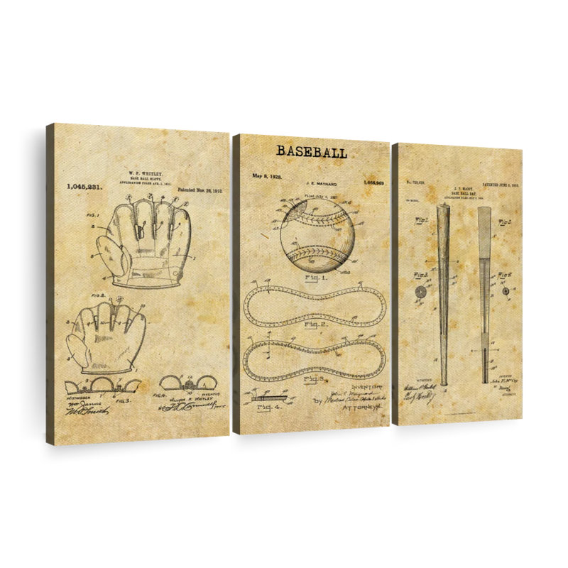 " Baseball Compilation Patent " by Patent Hunter 3 - Pieces, 28" H x 45" W x 1.25"