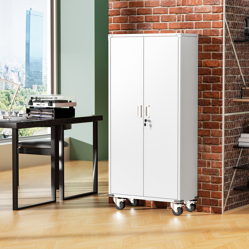 Metal Garage Storage Cabinets with Wheels & Pegboard, Rolling Tool Cabinet with Lockable Doors and 4 Adjustable Shelves, White(72" H×32" W×16" D)